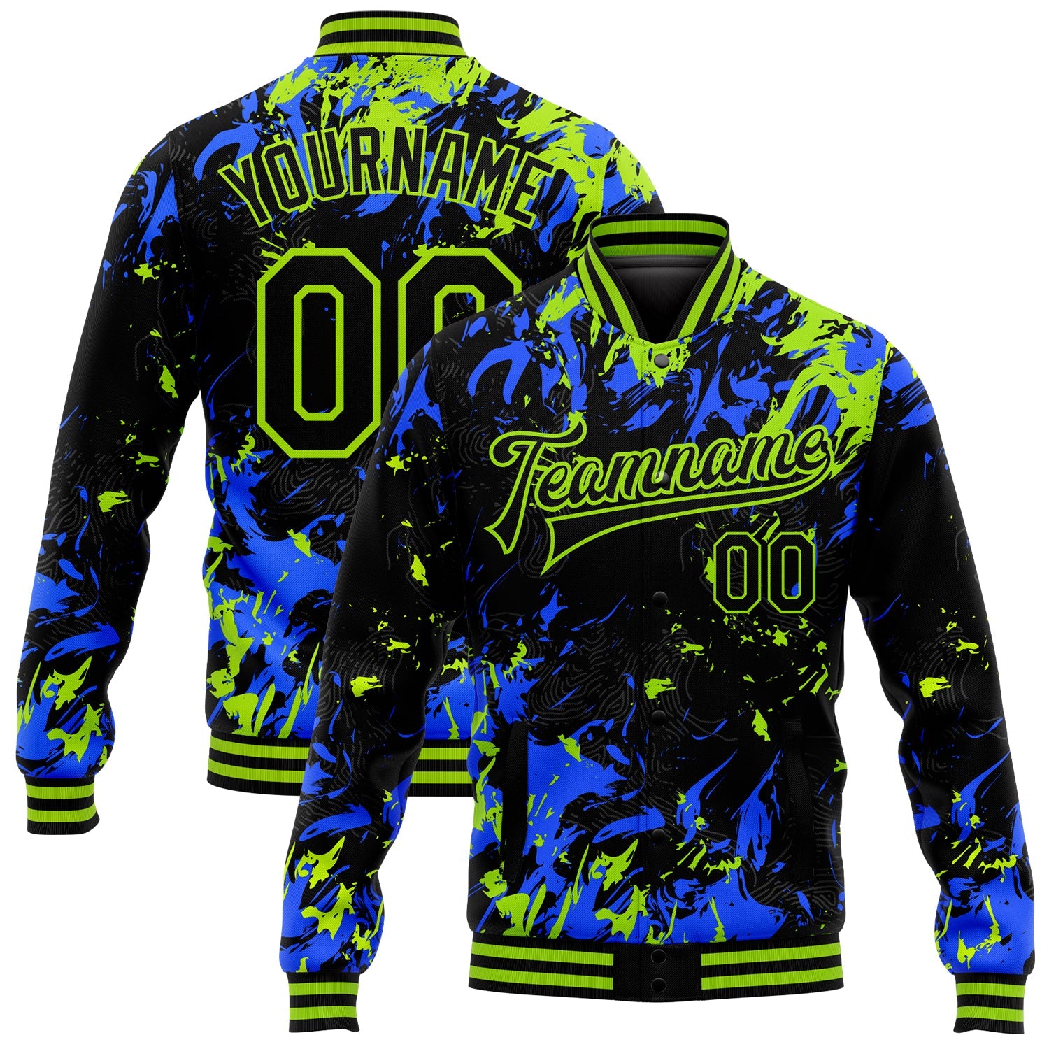 Custom Black Neon Green-Royal 3D Pattern Design Bomber Full-Snap Varsity Letterman Jacket - Main View