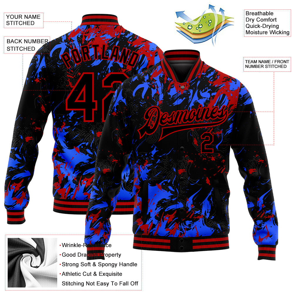 Custom Black Red-Royal 3D Pattern Design Bomber Full-Snap Varsity Letterman Jacket view 5