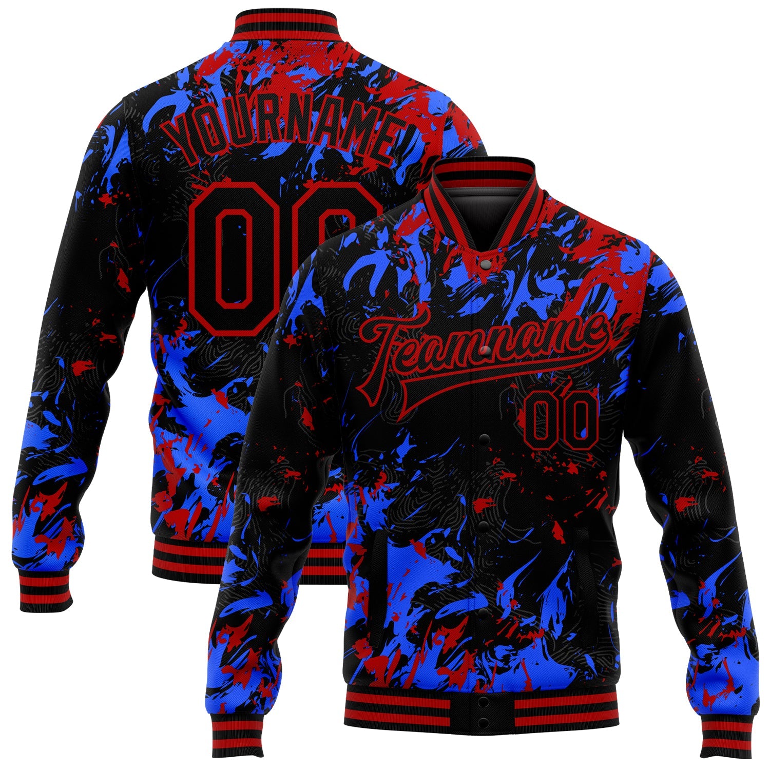 Custom Black Red-Royal 3D Pattern Design Bomber Full-Snap Varsity Letterman Jacket - Main View