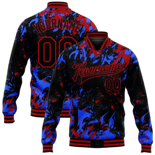 Custom Black Red-Royal 3D Pattern Design Bomber Full-Snap Varsity Letterman Jacket - Main View