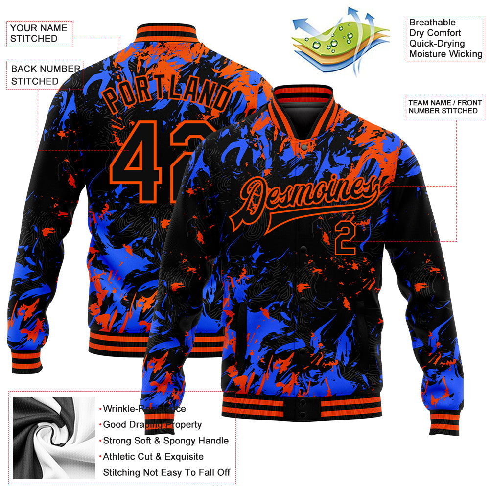 Custom Black Orange-Royal 3D Pattern Design Bomber Full-Snap Varsity Letterman Jacket view 5