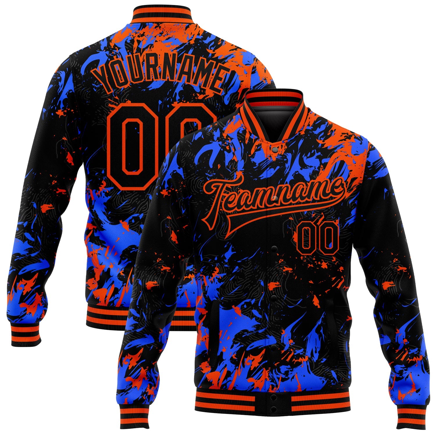 Custom Black Orange-Royal 3D Pattern Design Bomber Full-Snap Varsity Letterman Jacket - Main View