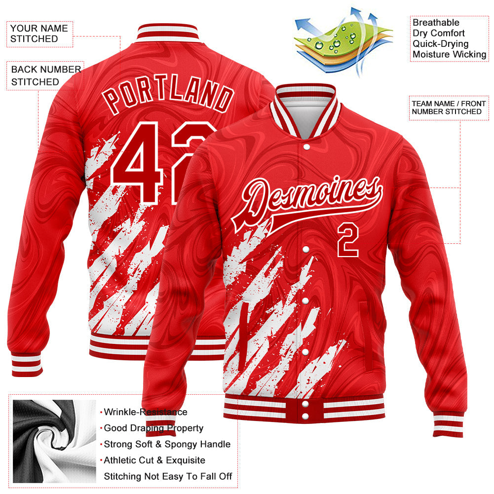 Custom Red White 3D Pattern Design Bomber Full-Snap Varsity Letterman Jacket view 5