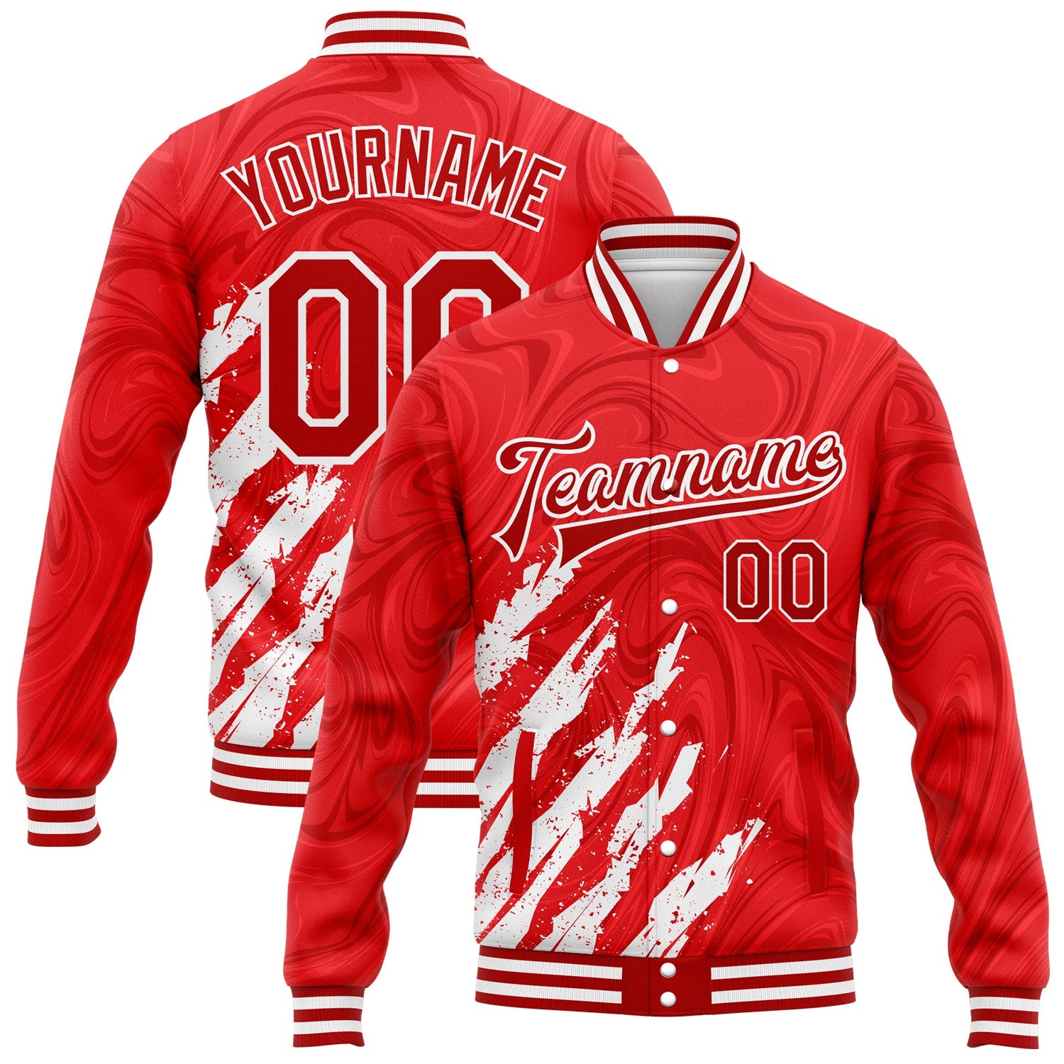 Custom Red White 3D Pattern Design Bomber Full-Snap Varsity Letterman Jacket - Main View