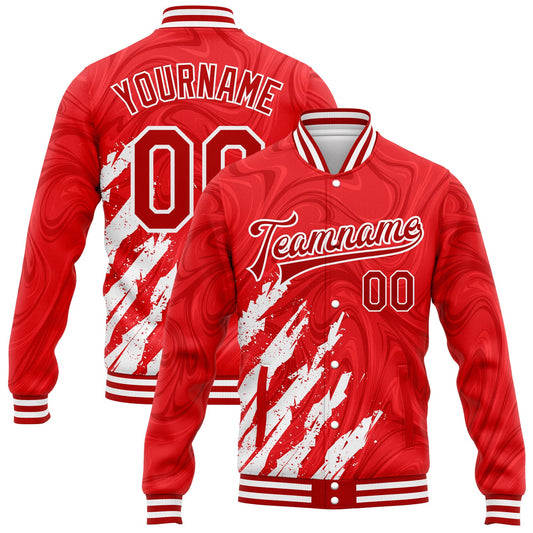 Custom Red White 3D Pattern Design Bomber Full-Snap Varsity Letterman Jacket - Main View