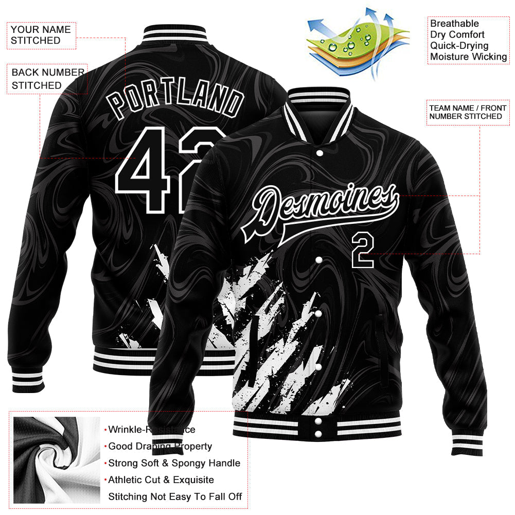 Custom Black White 3D Pattern Design Bomber Full-Snap Varsity Letterman Jacket view 5
