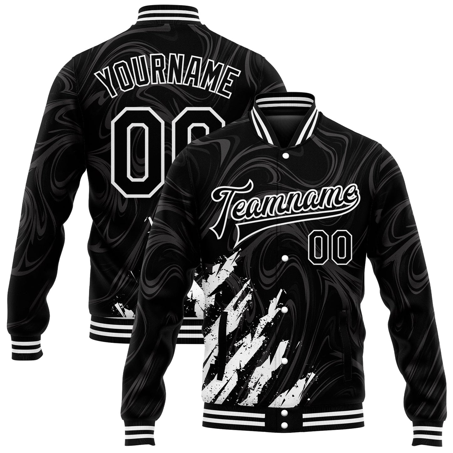 Custom Black White 3D Pattern Design Bomber Full-Snap Varsity Letterman Jacket - Main View