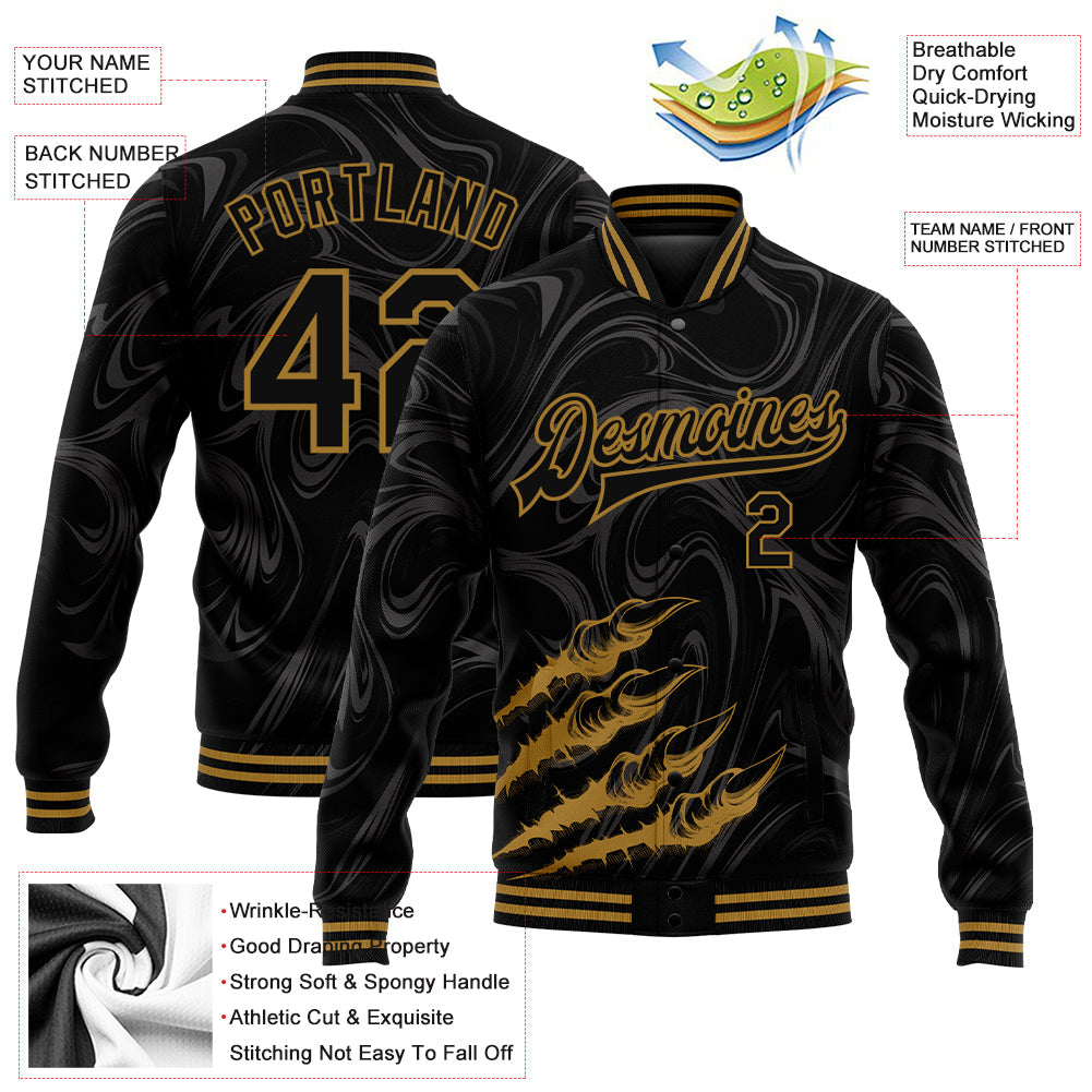 Custom Black Old Gold Beast Claws 3D Pattern Design Bomber Full-Snap Varsity Letterman Jacket view 5
