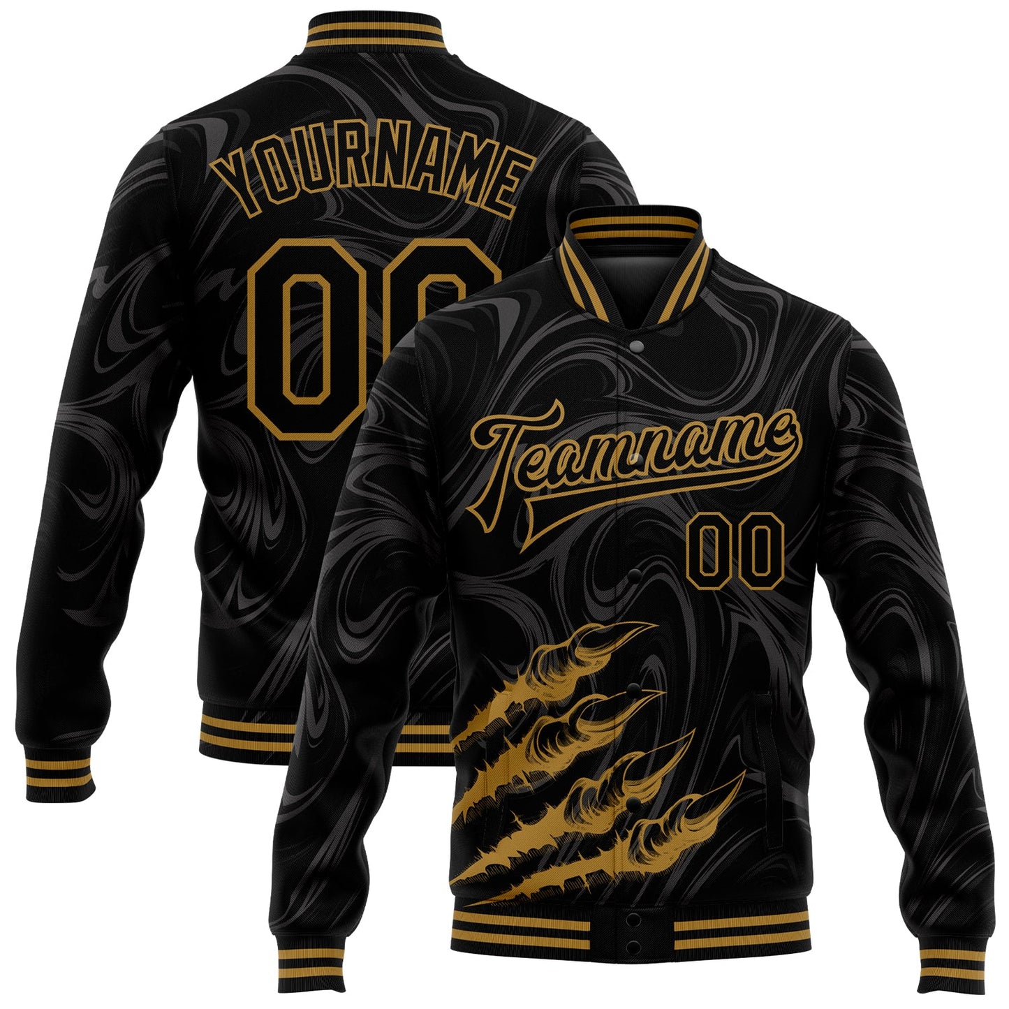 Custom Black Old Gold Beast Claws 3D Pattern Design Bomber Full-Snap Varsity Letterman Jacket - Main View