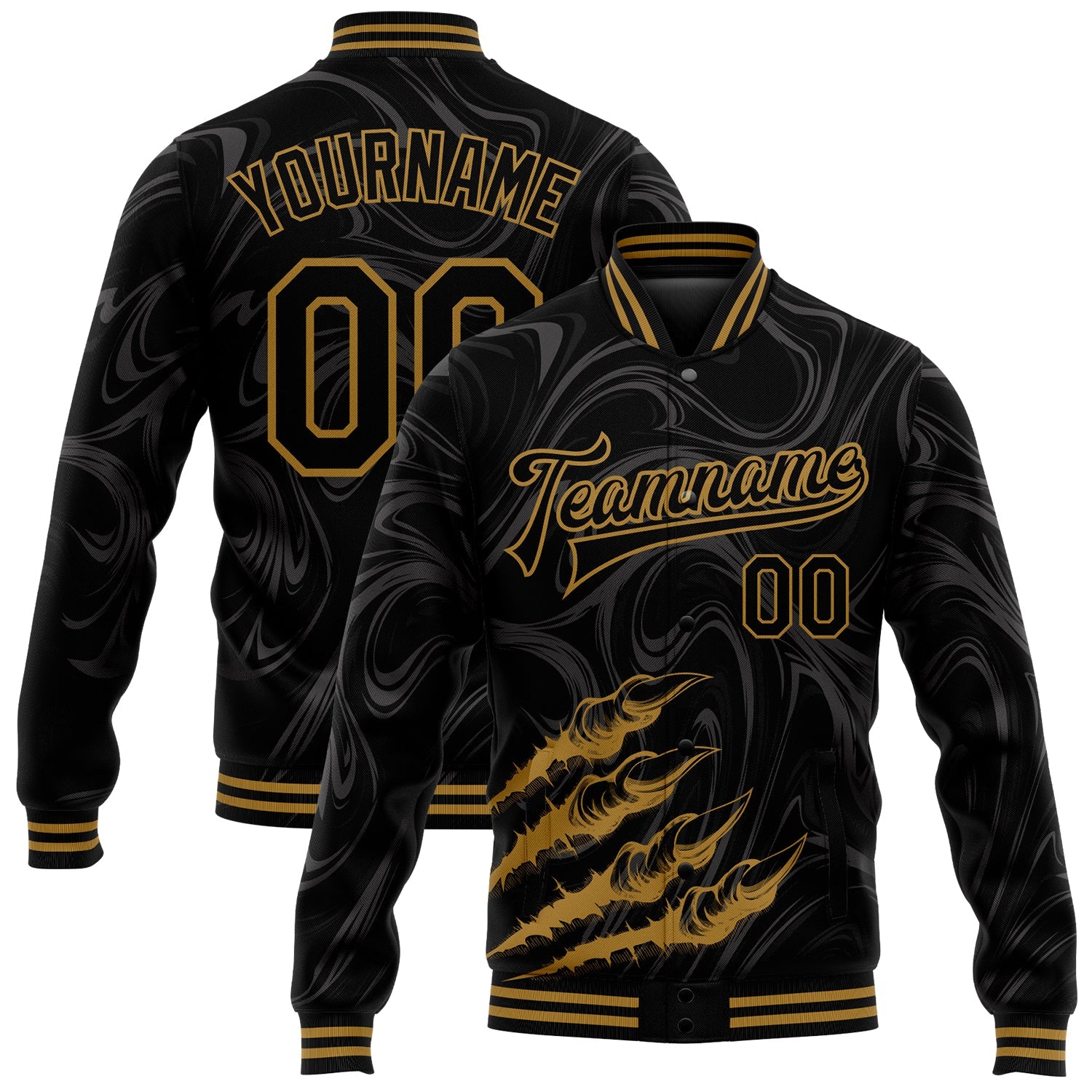 Custom Black Old Gold Beast Claws 3D Pattern Design Bomber Full-Snap Varsity Letterman Jacket - Main View