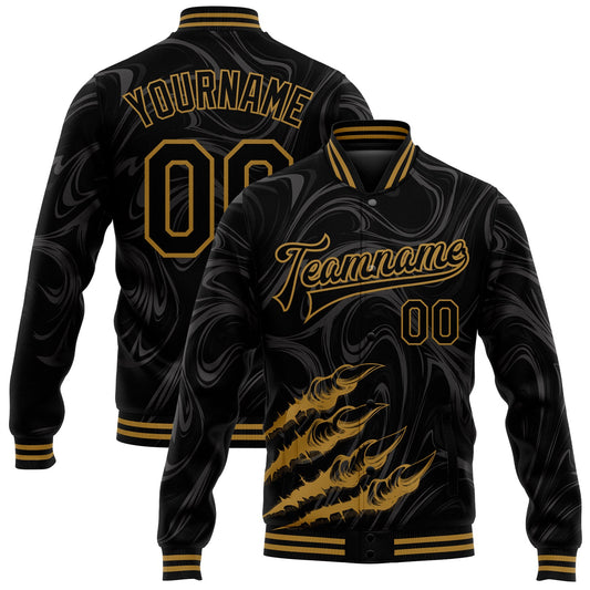 Custom Black Old Gold Beast Claws 3D Pattern Design Bomber Full-Snap Varsity Letterman Jacket - Main View