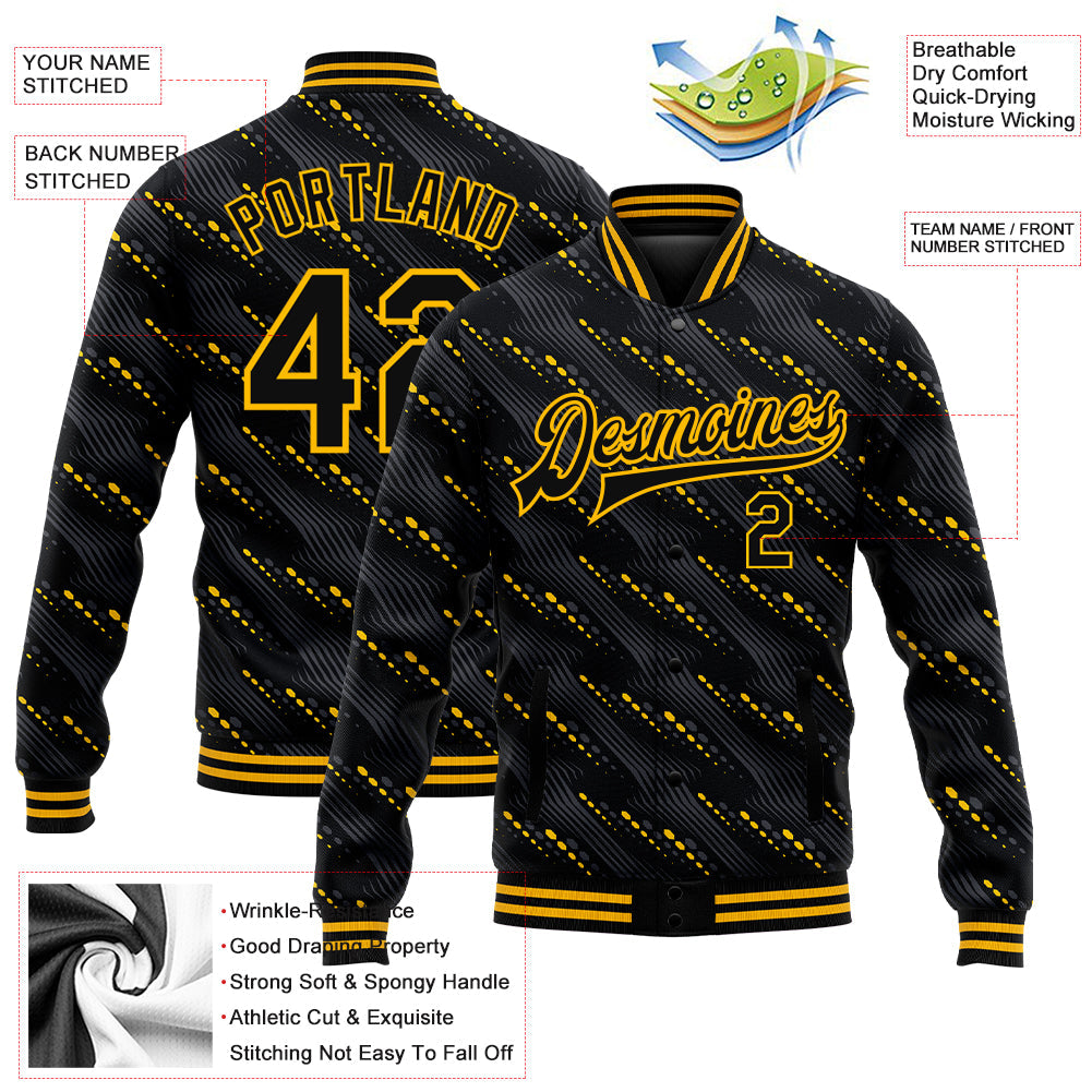 Custom Black Gold 3D Pattern Design Bomber Full-Snap Varsity Letterman Jacket view 5
