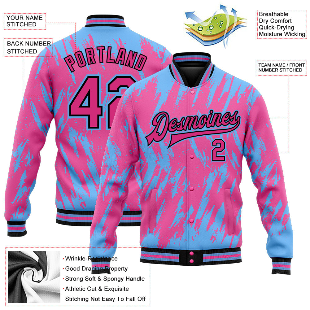 Custom Pink Light Blue-Black 3D Pattern Design Bomber Full-Snap Varsity Letterman Jacket view 5