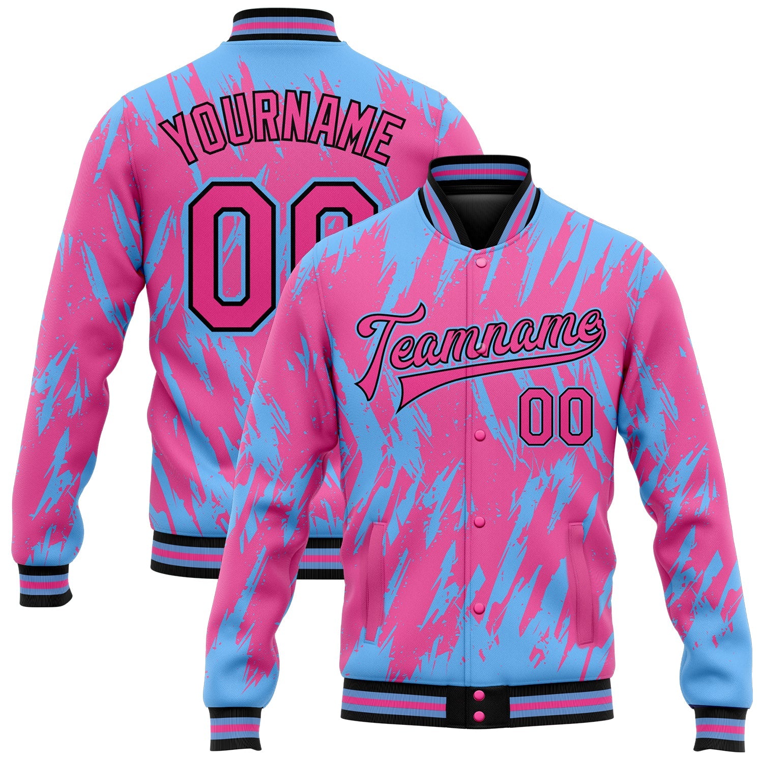 Custom Pink Light Blue-Black 3D Pattern Design Bomber Full-Snap Varsity Letterman Jacket - Main View