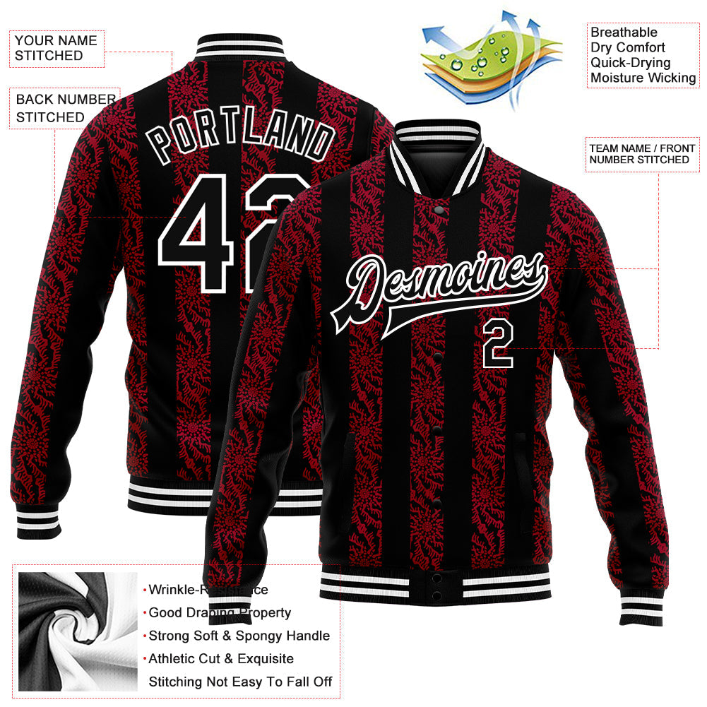 Custom Red Black-White 3D Pattern Design Bomber Full-Snap Varsity Letterman Jacket view 5