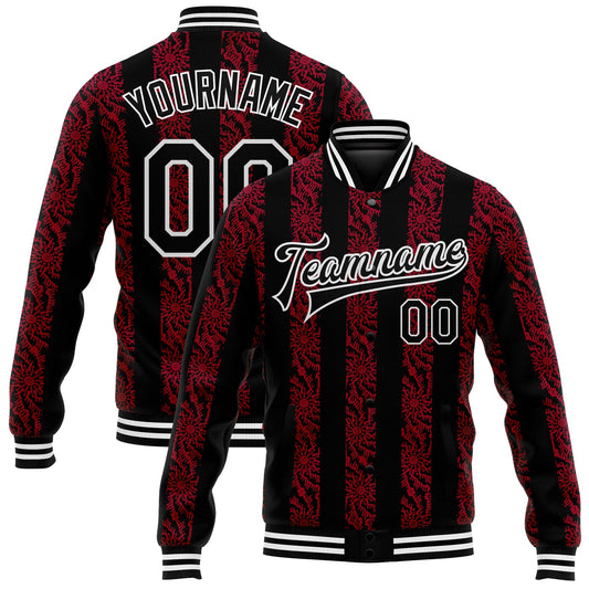 Custom Red Black-White 3D Pattern Design Bomber Full-Snap Varsity Letterman Jacket - Main View