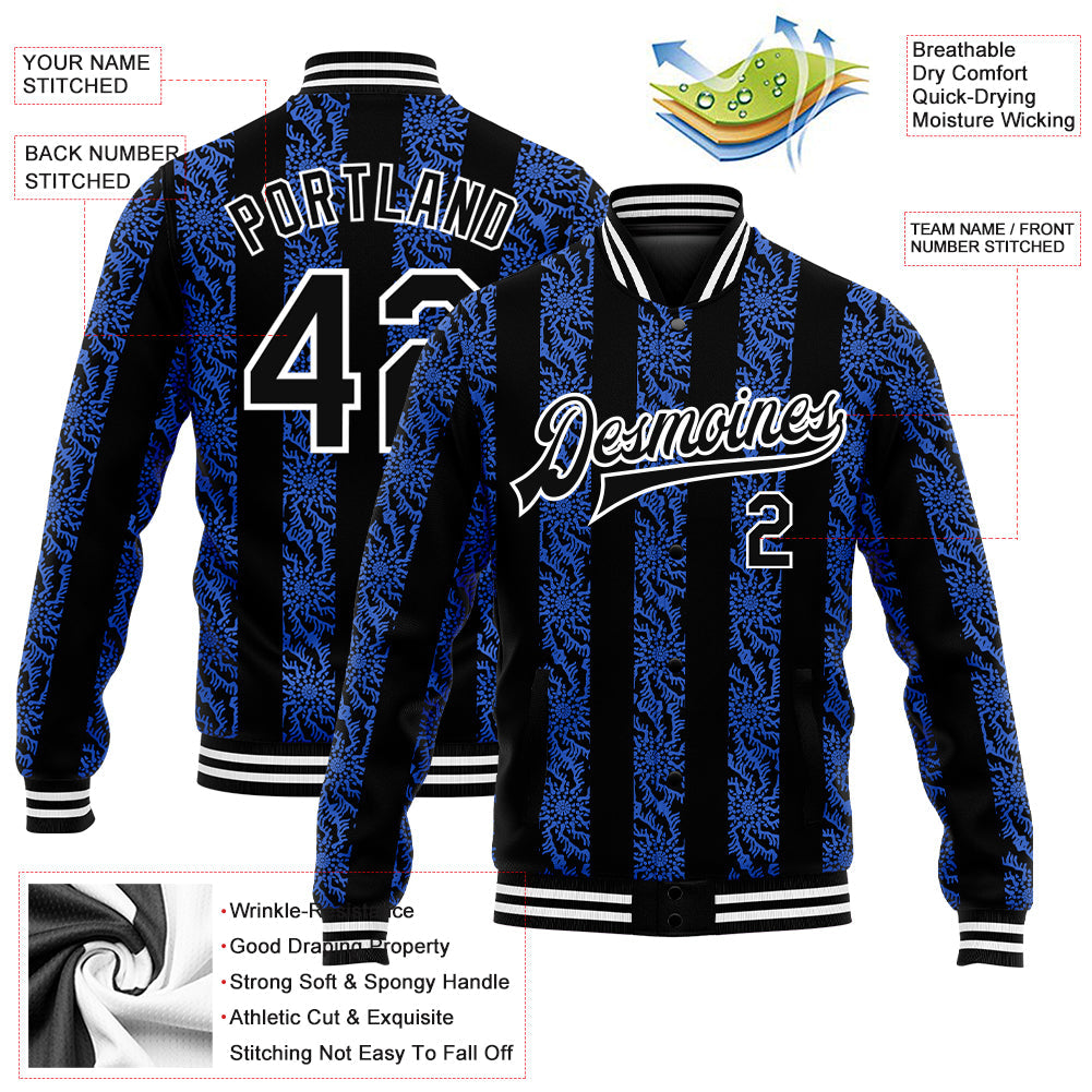 Custom Royal Black-White 3D Pattern Design Bomber Full-Snap Varsity Letterman Jacket view 5