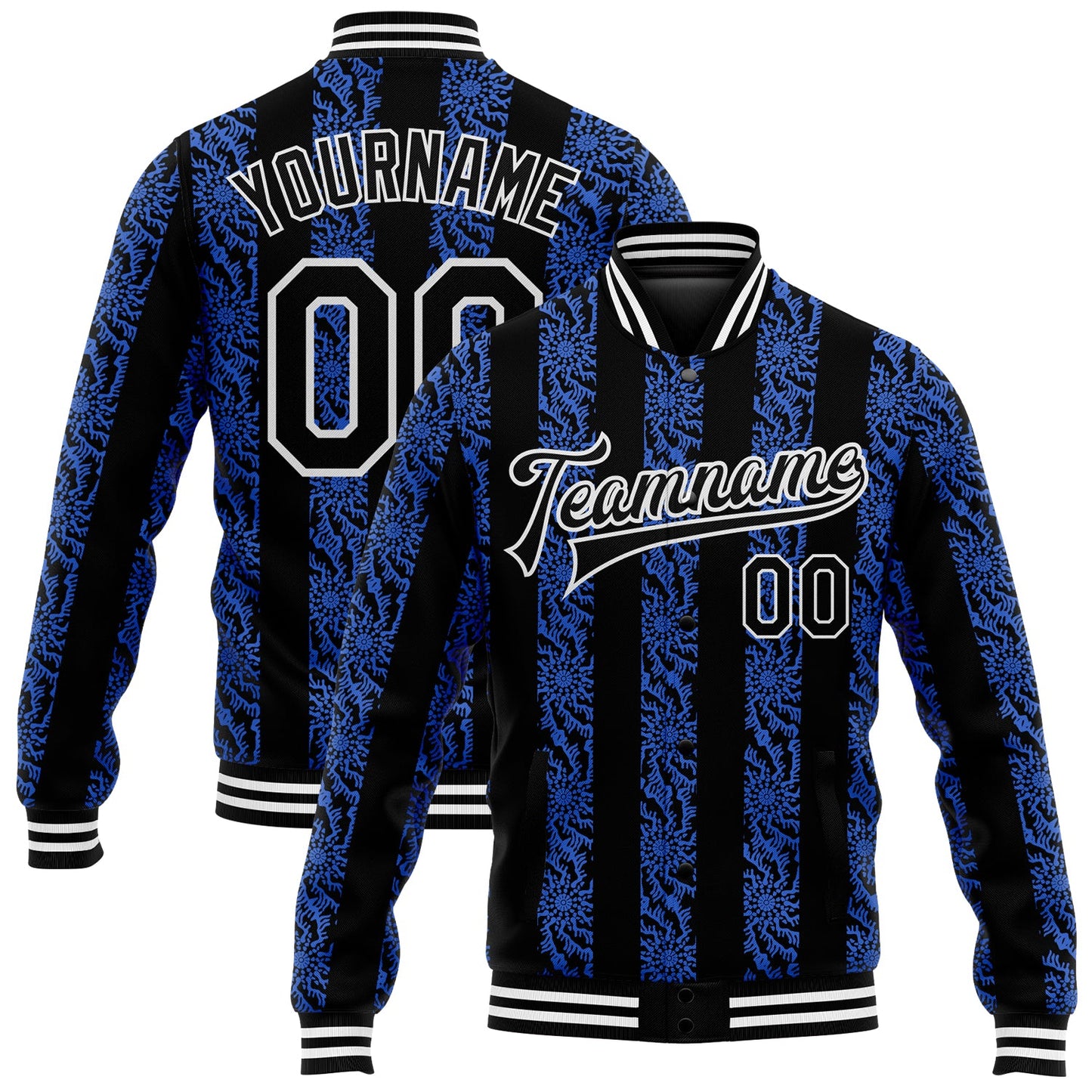 Custom Royal Black-White 3D Pattern Design Bomber Full-Snap Varsity Letterman Jacket - Main View