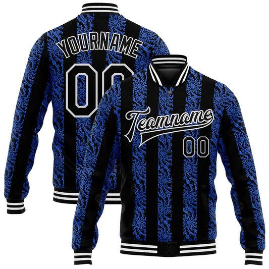 Custom Royal Black-White 3D Pattern Design Bomber Full-Snap Varsity Letterman Jacket - Main View
