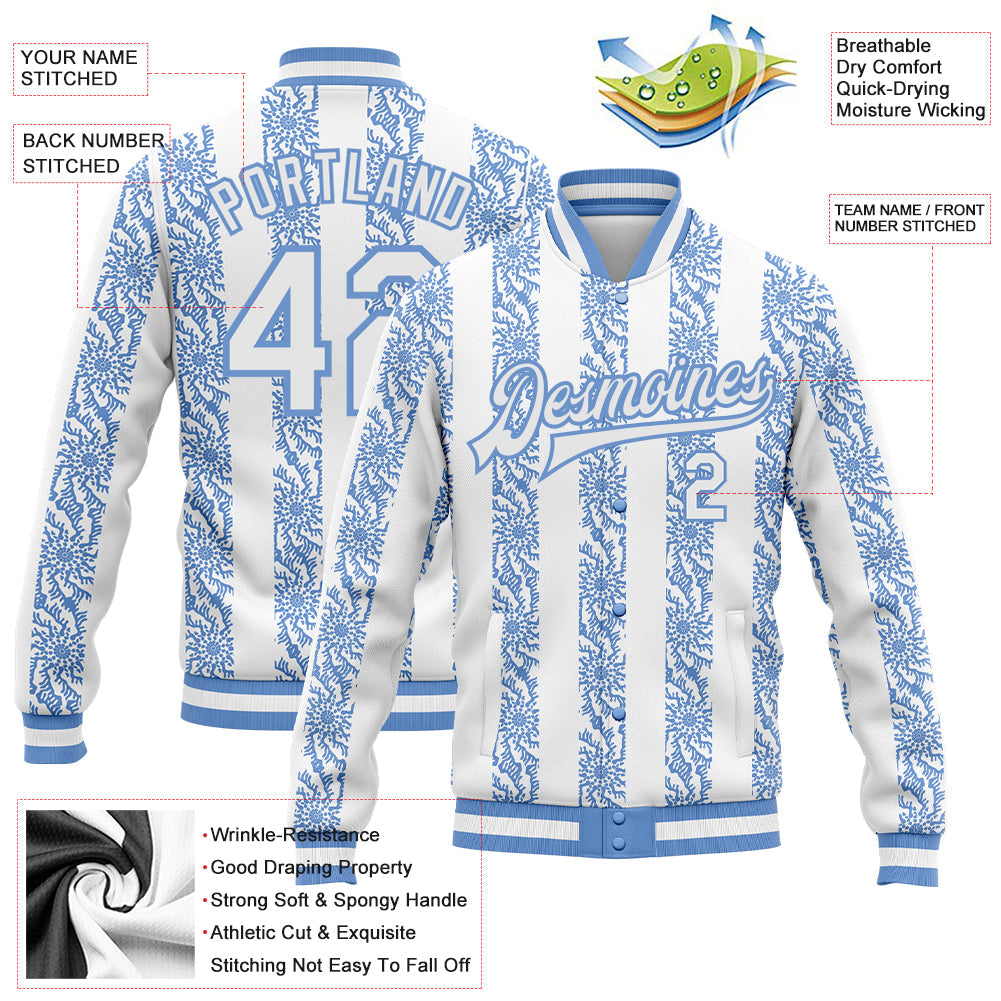 Custom Light Blue-White 3D Pattern Design Bomber Full-Snap Varsity Letterman Jacket view 5