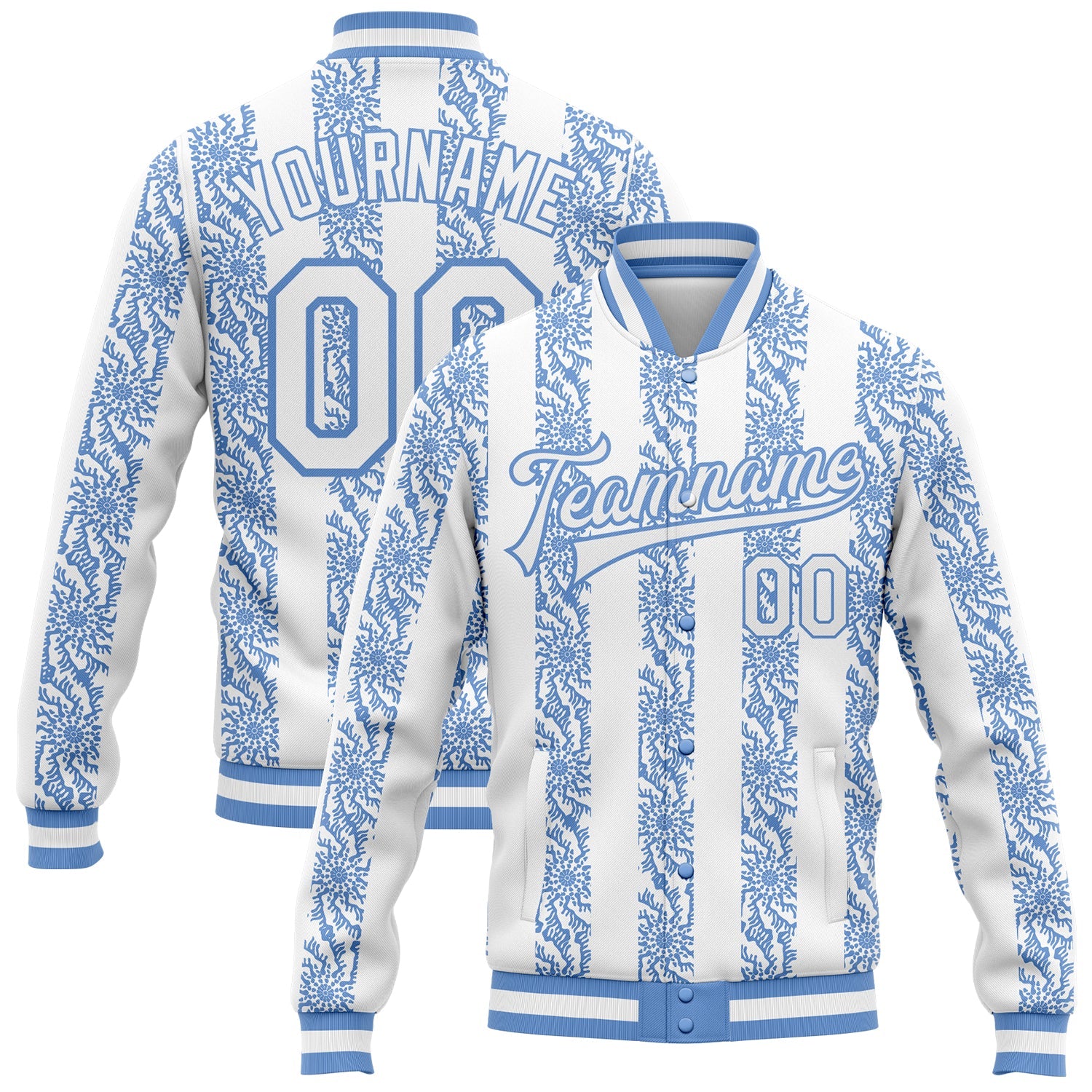 Custom Light Blue-White 3D Pattern Design Bomber Full-Snap Varsity Letterman Jacket - Main View