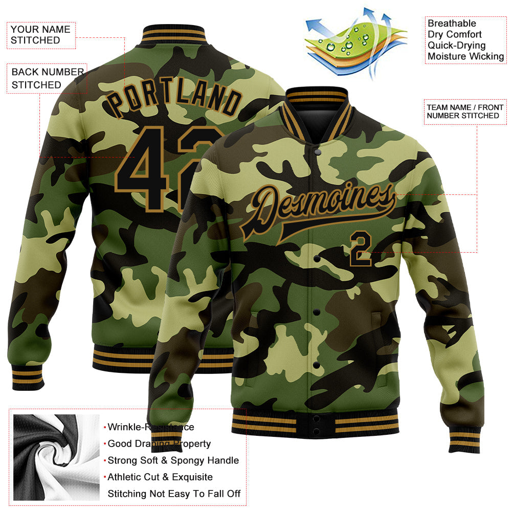 Custom Camo Black-Old Gold Jungle Camouflage 3D Bomber Full-Snap Varsity Letterman Salute To Service Jacket view 5