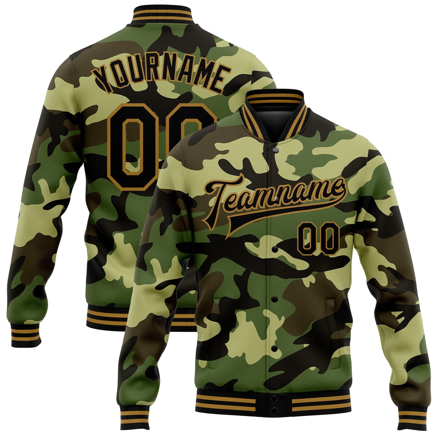 Custom Camo Black-Old Gold Jungle Camouflage 3D Bomber Full-Snap Varsity Letterman Salute To Service Jacket - Main View