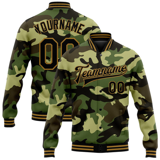 Custom Camo Black-Old Gold Jungle Camouflage 3D Bomber Full-Snap Varsity Letterman Salute To Service Jacket - Main View