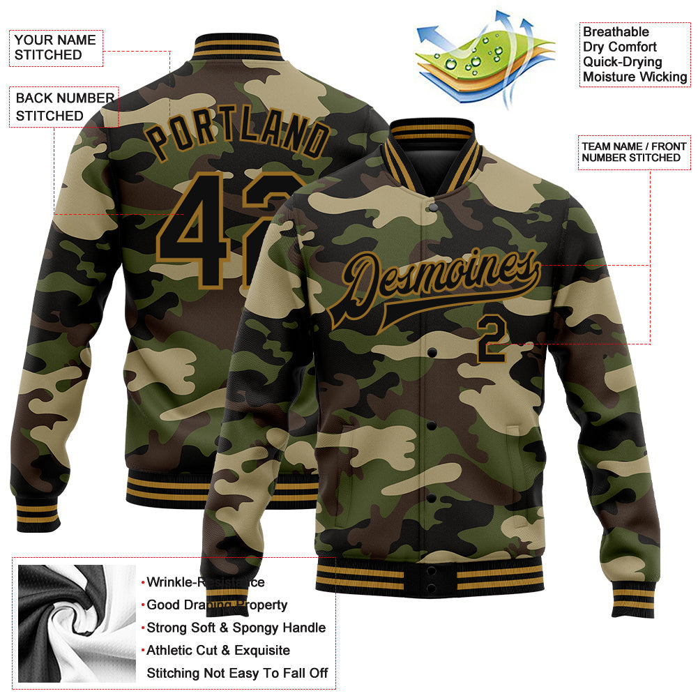 Custom Camo Black-Old Gold Jungle Camouflage 3D Bomber Full-Snap Varsity Letterman Salute To Service Jacket view 5