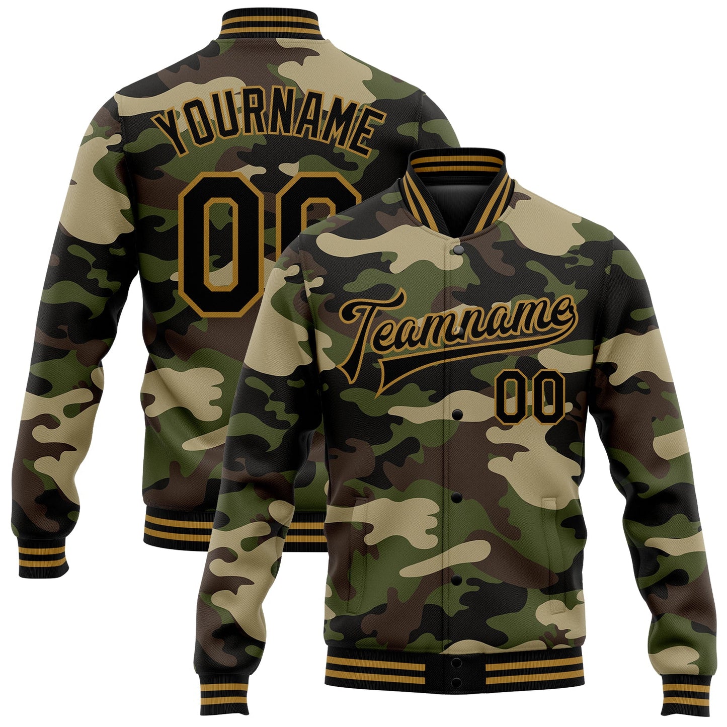 Custom Camo Black-Old Gold Jungle Camouflage 3D Bomber Full-Snap Varsity Letterman Salute To Service Jacket - Main View