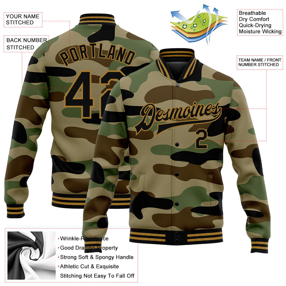 Custom Camo Black-Old Gold Jungle Camouflage 3D Bomber Full-Snap Varsity Letterman Salute To Service Jacket view 5
