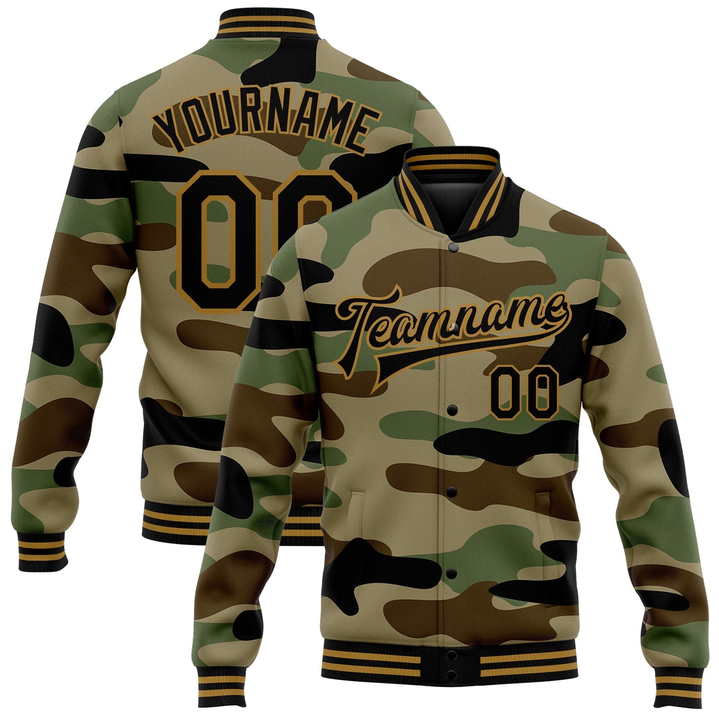 Custom Camo Black-Old Gold Jungle Camouflage 3D Bomber Full-Snap Varsity Letterman Salute To Service Jacket - Main View