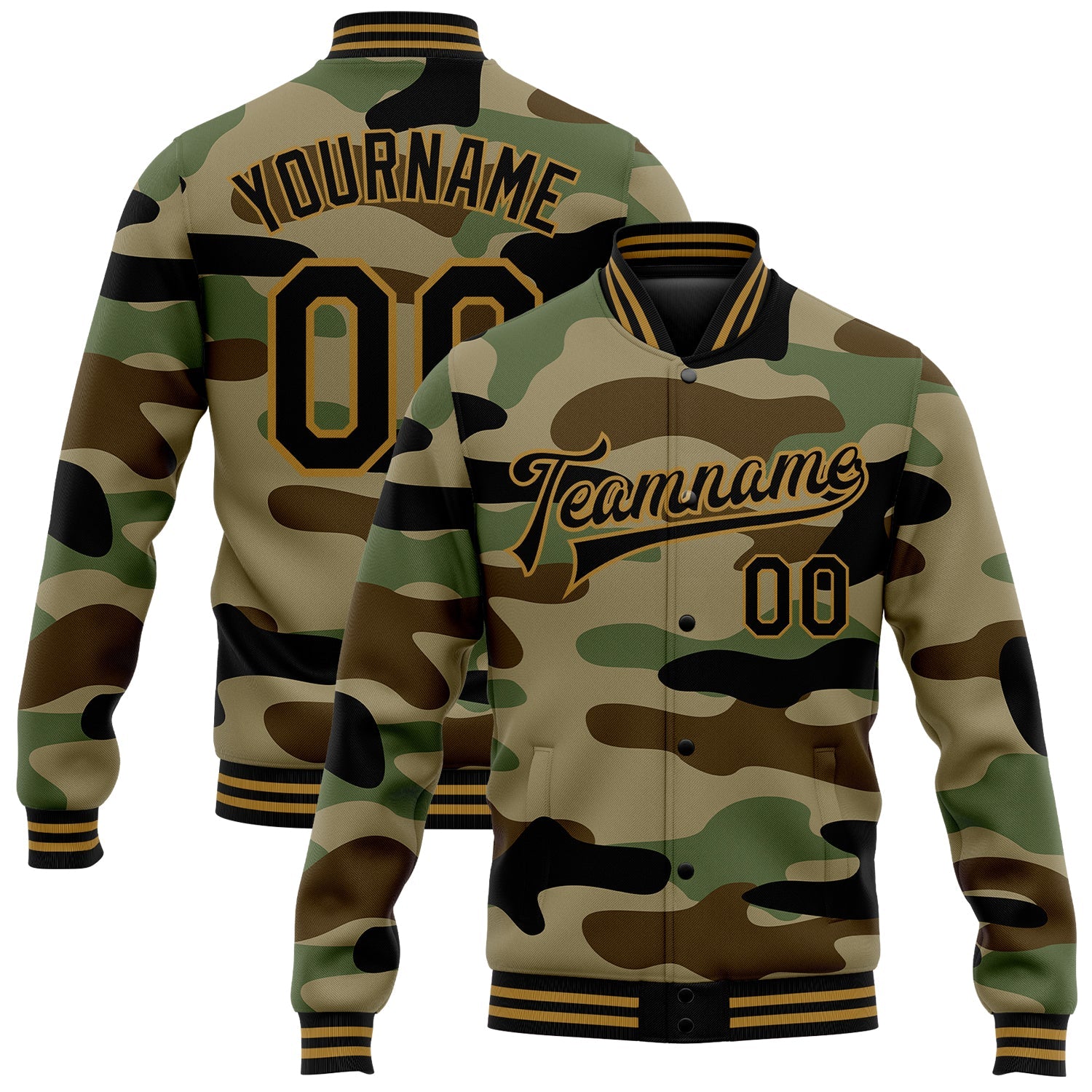 Custom Camo Black-Old Gold Jungle Camouflage 3D Bomber Full-Snap Varsity Letterman Salute To Service Jacket - Main View
