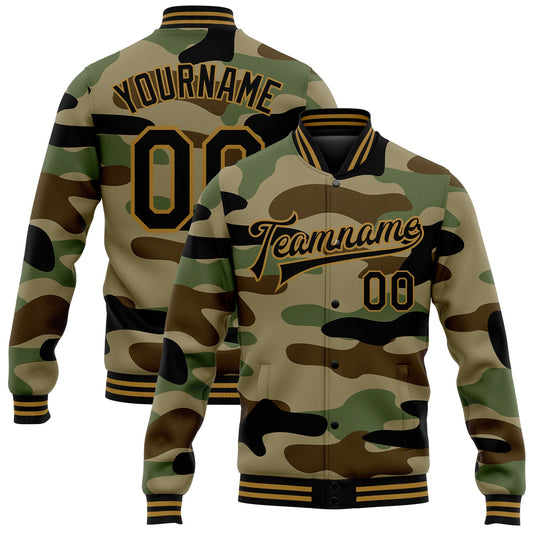 Custom Camo Black-Old Gold Jungle Camouflage 3D Bomber Full-Snap Varsity Letterman Salute To Service Jacket - Main View