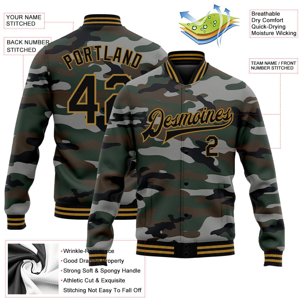 Custom Camo Black-Old Gold Jungle Camouflage 3D Bomber Full-Snap Varsity Letterman Salute To Service Jacket view 5