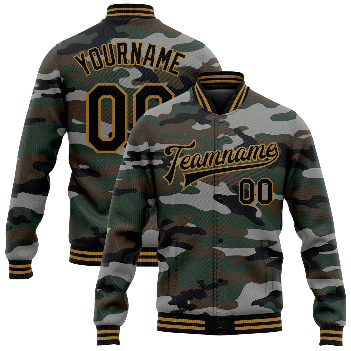 Custom Camo Black-Old Gold Jungle Camouflage 3D Bomber Full-Snap Varsity Letterman Salute To Service Jacket - Main View