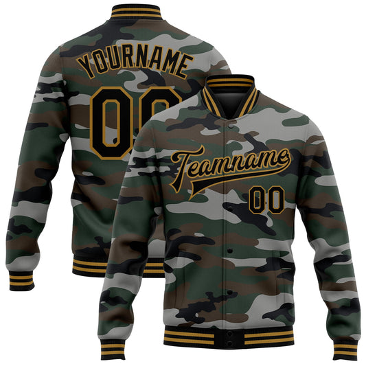 Custom Camo Black-Old Gold Jungle Camouflage 3D Bomber Full-Snap Varsity Letterman Salute To Service Jacket - Main View