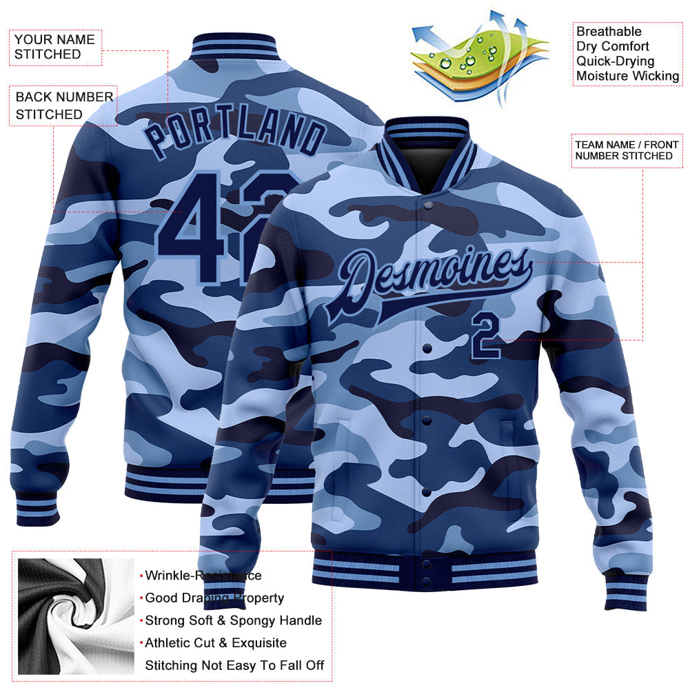 Custom Camo Navy-Light Blue Ocean Camouflage 3D Bomber Full-Snap Varsity Letterman Salute To Service Jacket view 5