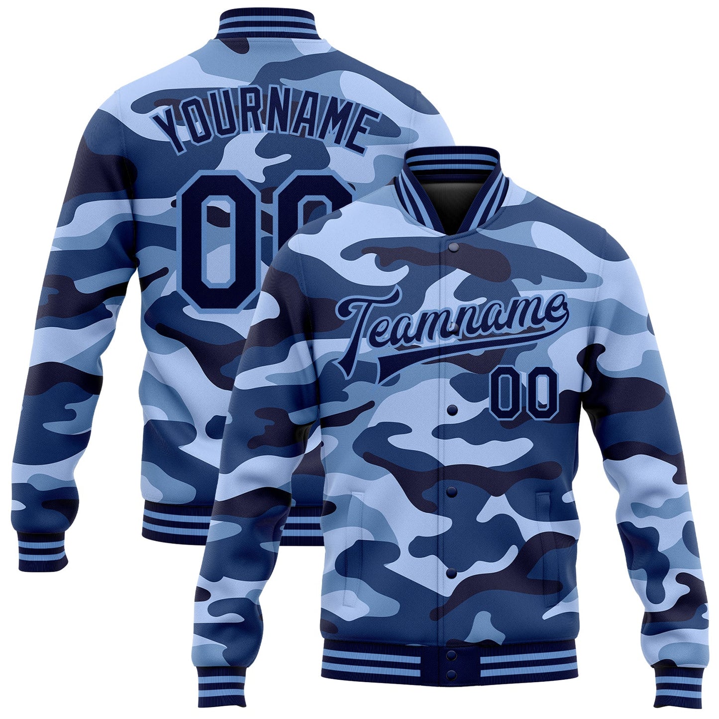 Custom Camo Navy-Light Blue Ocean Camouflage 3D Bomber Full-Snap Varsity Letterman Salute To Service Jacket - Main View