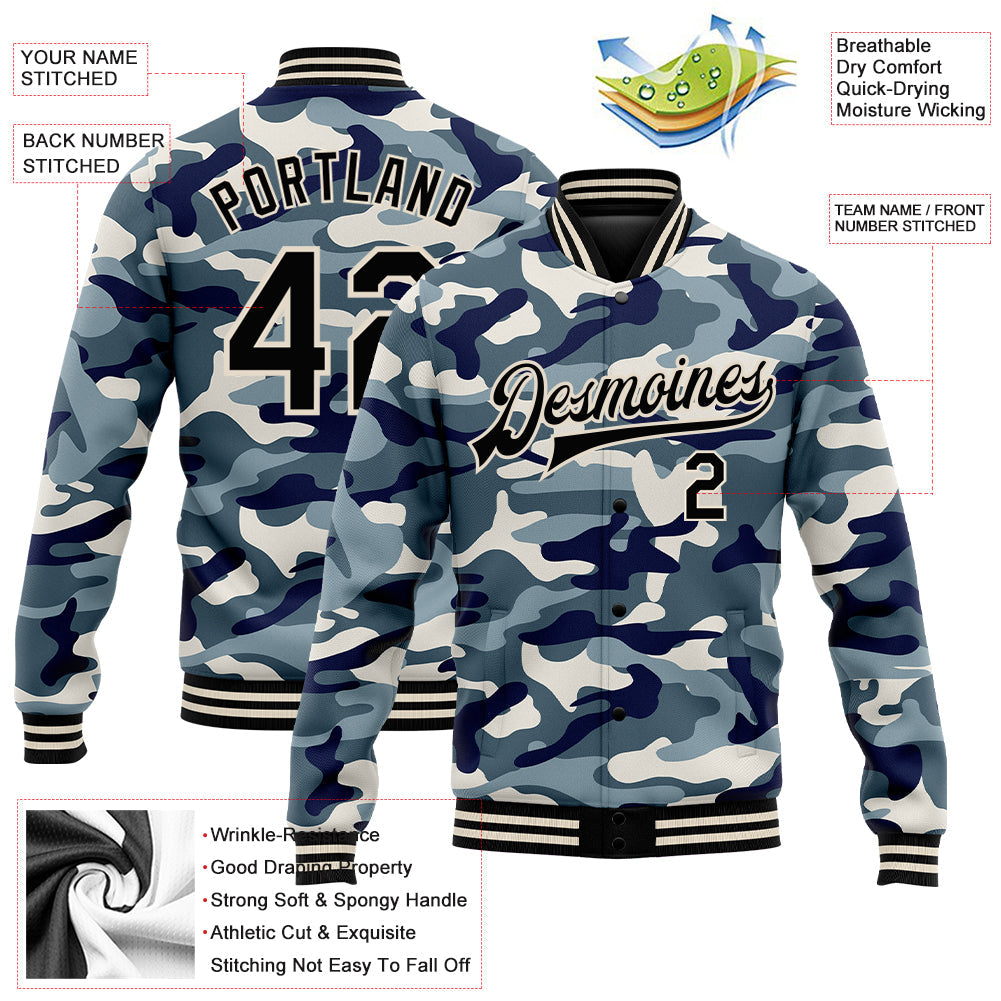 Custom Camo Black-Cream Ocean Camouflage 3D Bomber Full-Snap Varsity Letterman Salute To Service Jacket view 5
