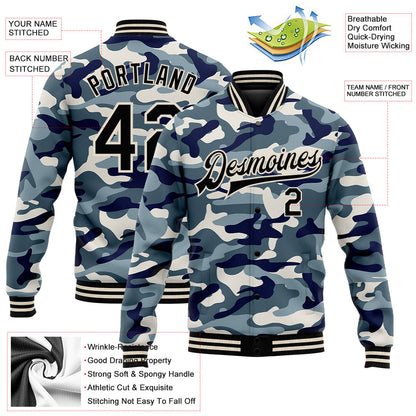 Custom Camo Black-Cream Ocean Camouflage 3D Bomber Full-Snap Varsity Letterman Salute To Service Jacket view 5