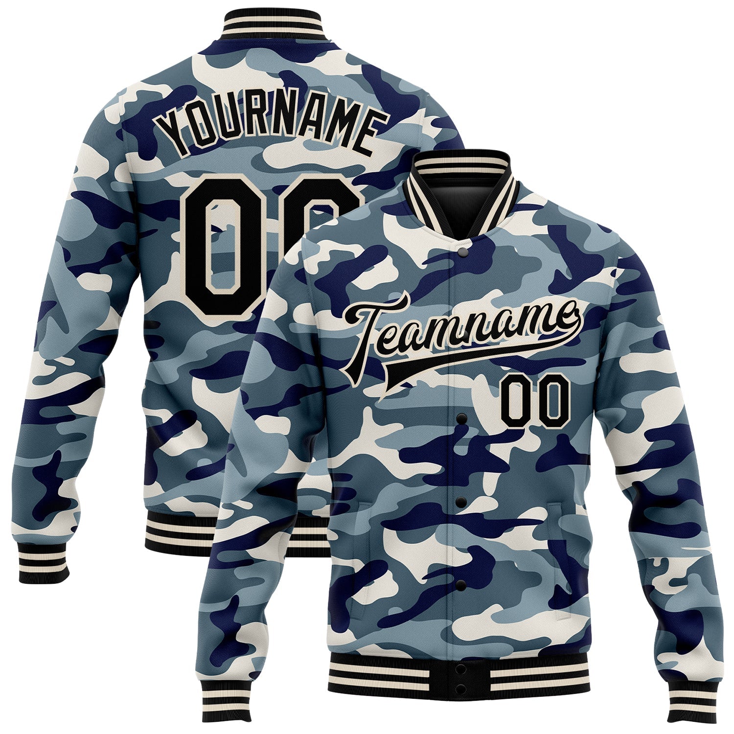 Custom Camo Black-Cream Ocean Camouflage 3D Bomber Full-Snap Varsity Letterman Salute To Service Jacket - Main View