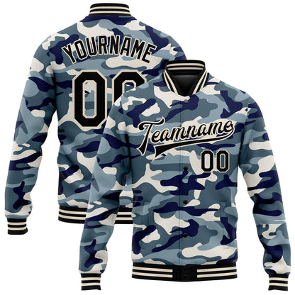 Custom Camo Black-Cream Ocean Camouflage 3D Bomber Full-Snap Varsity Letterman Salute To Service Jacket - Main View