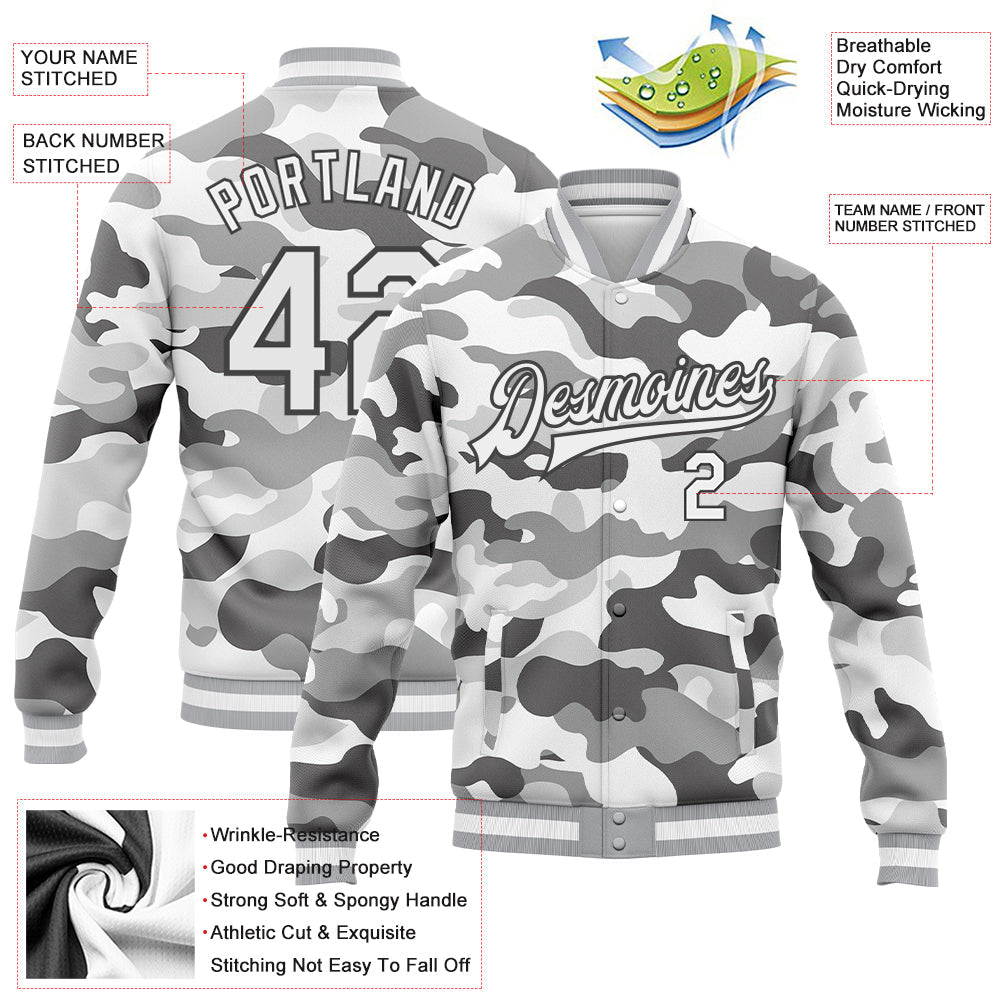 Custom Camo White-Steel Gray Snow Camouflage 3D Bomber Full-Snap Varsity Letterman Salute To Service Jacket view 5