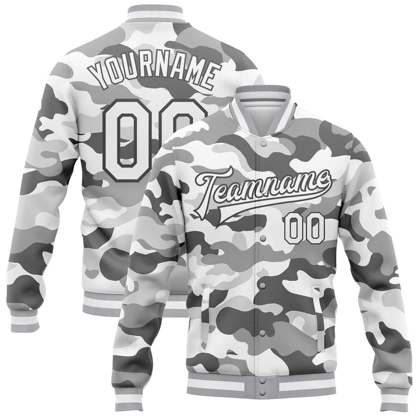 Custom Camo White-Steel Gray Snow Camouflage 3D Bomber Full-Snap Varsity Letterman Salute To Service Jacket - Main View