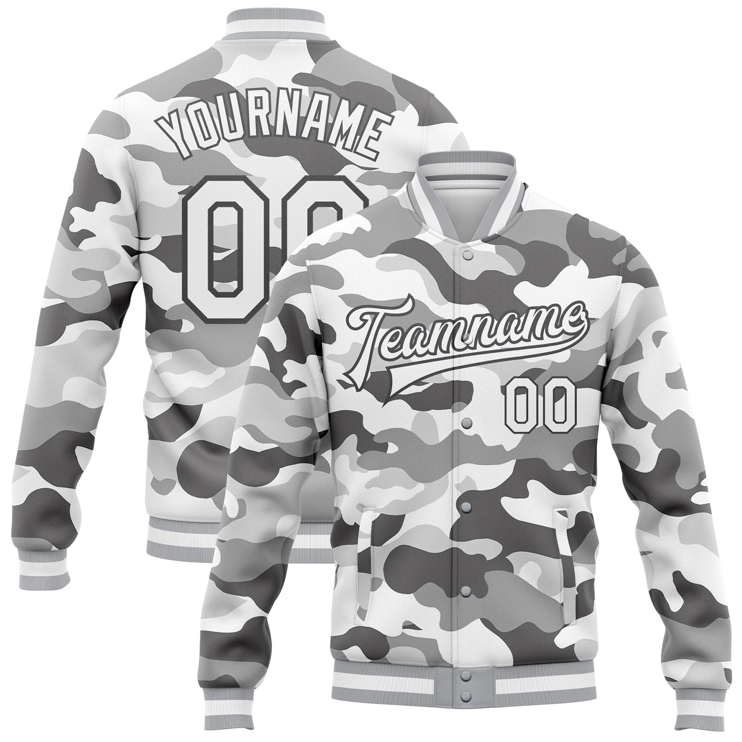 Custom Camo White-Steel Gray Snow Camouflage 3D Bomber Full-Snap Varsity Letterman Salute To Service Jacket - Main View