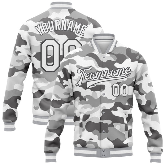 Custom Camo White-Steel Gray Snow Camouflage 3D Bomber Full-Snap Varsity Letterman Salute To Service Jacket - Main View