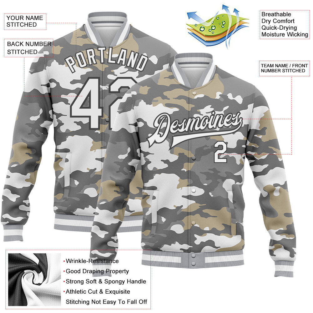 Custom Camo White-Steel Gray Snow Camouflage 3D Bomber Full-Snap Varsity Letterman Salute To Service Jacket view 5