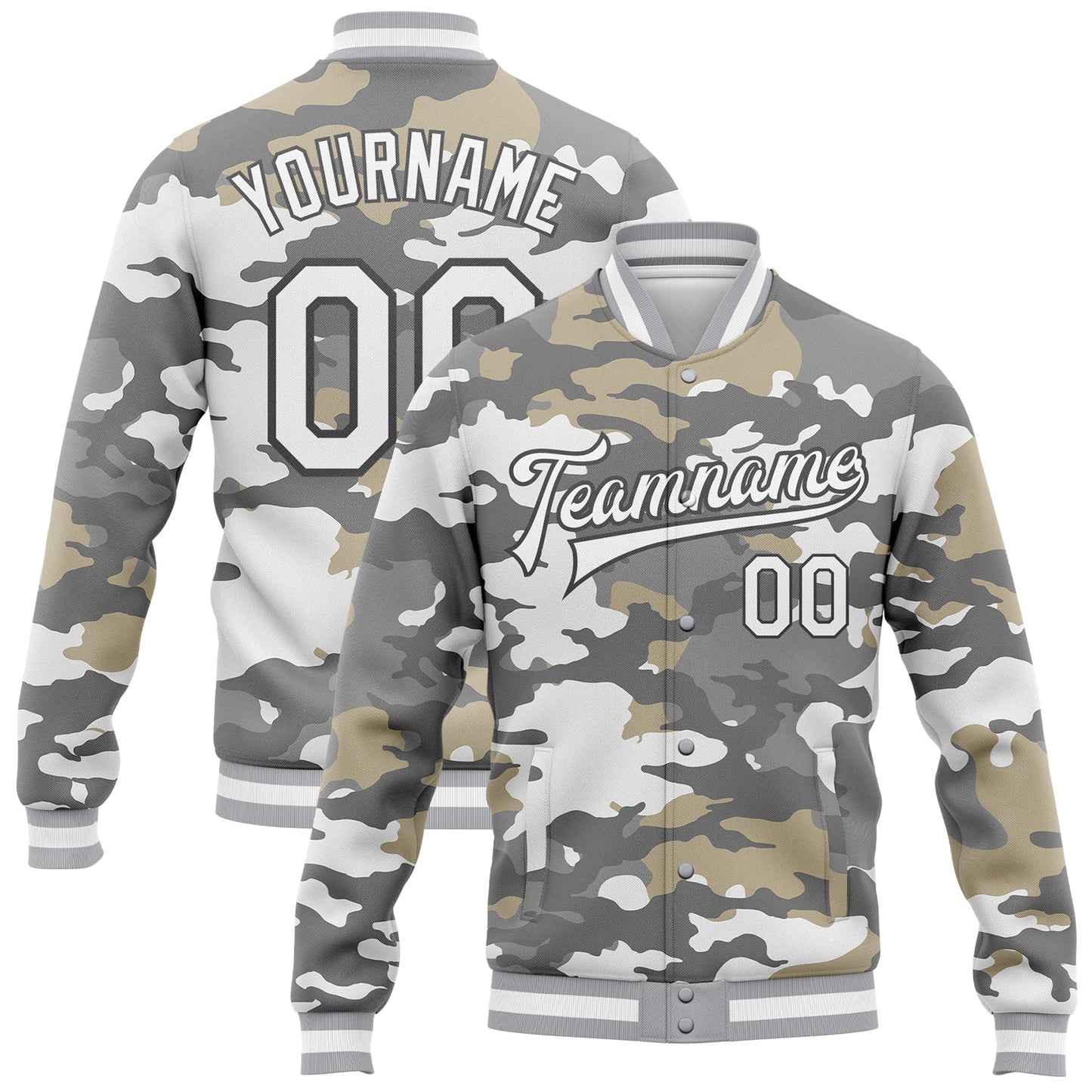 Custom Camo White-Steel Gray Snow Camouflage 3D Bomber Full-Snap Varsity Letterman Salute To Service Jacket - Main View