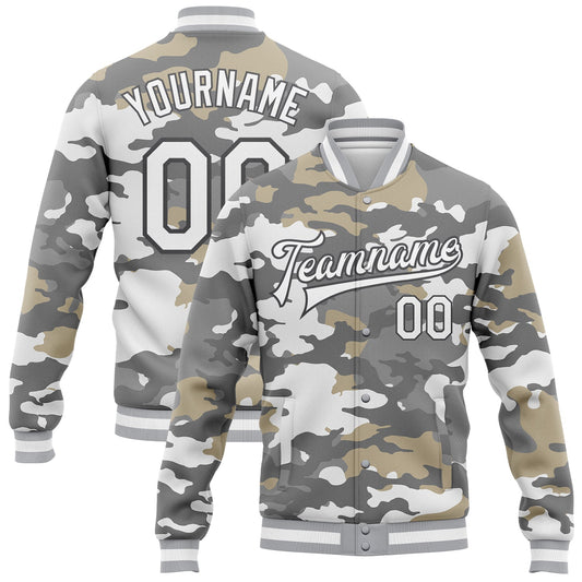 Custom Camo White-Steel Gray Snow Camouflage 3D Bomber Full-Snap Varsity Letterman Salute To Service Jacket - Main View